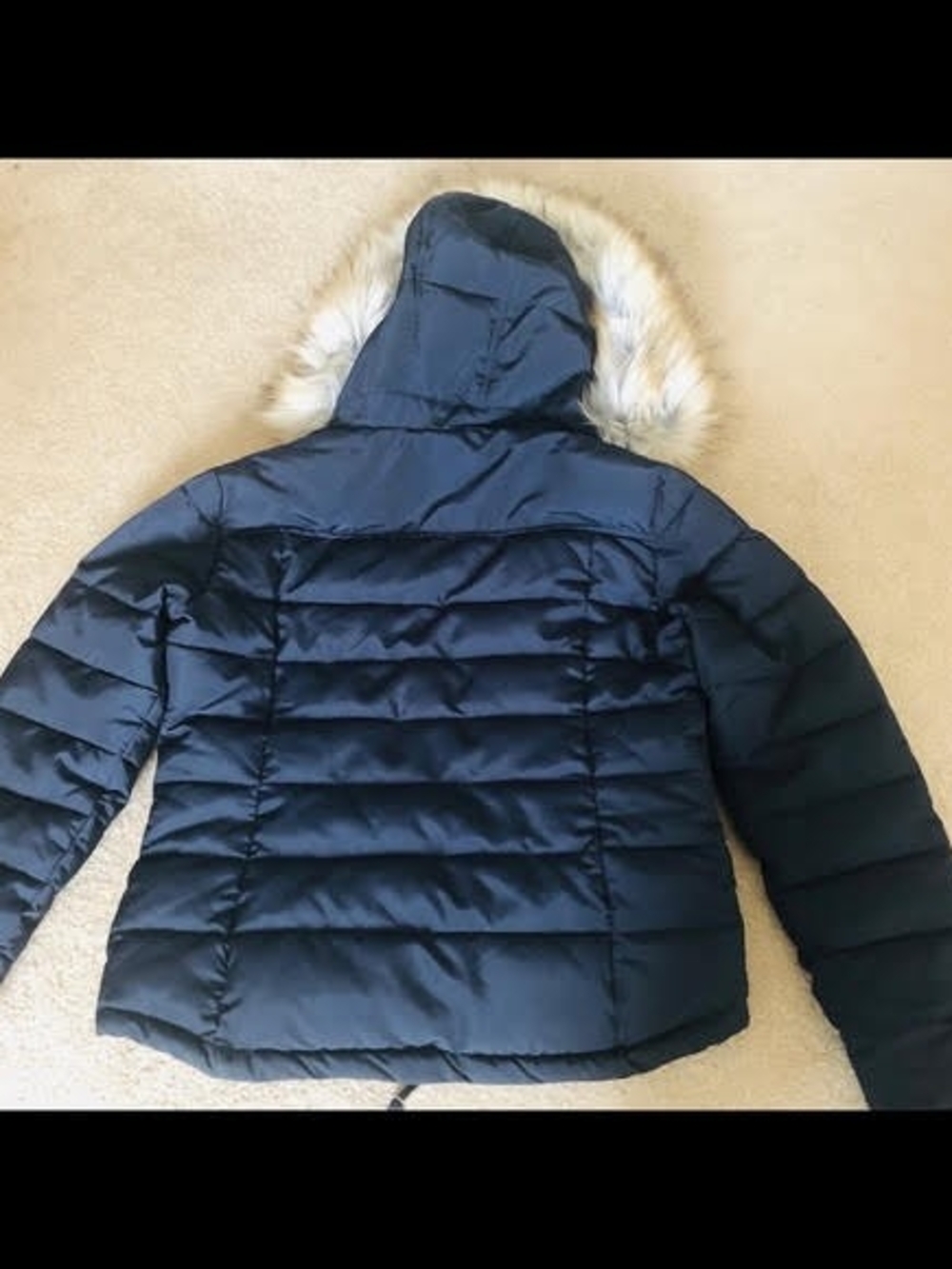 Reduced$Topshop Women’s Navy Rare Navy Blue Puffer Coat with Faux Fur Hood - Picture 3 of 4